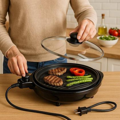 Imagem de Grill Elétrico Redondo 40cm com Termostato 127V 1200W Antiaderente Tampa Grelhado Hamburguer Legumes Varanda Premium