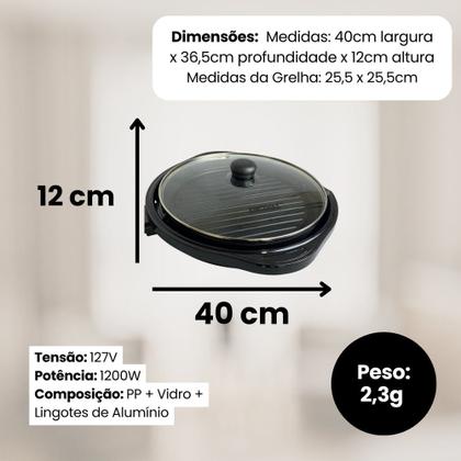 Imagem de Grill Elétrico Redondo 40cm com Termostato 127V 1200W Antiaderente Tampa Grelhado Hamburguer Legumes Varanda Premium