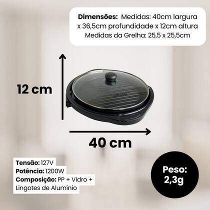 Imagem de Grill Elétrico Redondo Premium com Termostato 127V - Preta
