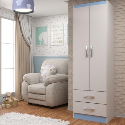 Imagem de Guarda Roupa 2 Portas 2 Gavetas Roupeiro Compacto Quarto Infantil Solteiro Completo Com Cabideiro BrancoAzul
