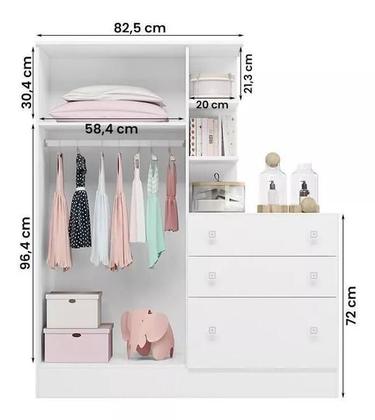 Imagem de Guarda Roupa 2 Portas Com Cômoda 3 Gavetas Conjugado Modelo Infantil Branco Qmovi