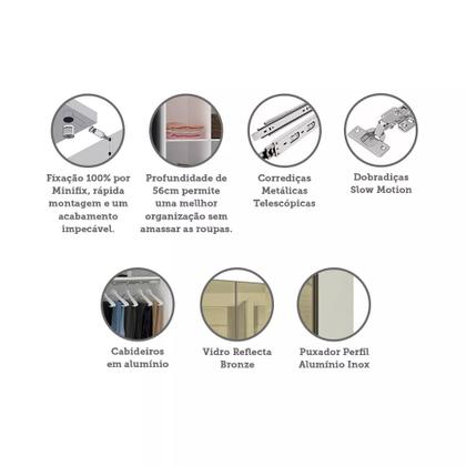 Imagem de Guarda Roupa 4 Portas 3 Gavetas 159,2 cm com Vidro Reflecta Bronze Prime Luciane Móveis