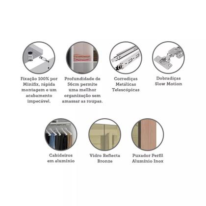 Imagem de Guarda Roupa 4 Portas 3 Gavetas 159,2 cm com Vidro Reflecta Bronze Prime Luciane Móveis