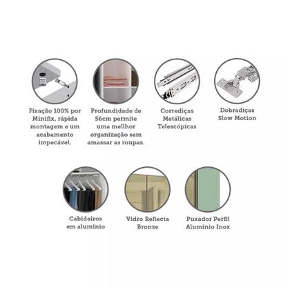 Imagem de Guarda Roupa 4 Portas 3 Gavetas 159,2 cm com Vidro Reflecta Bronze Prime Luciane Móveis