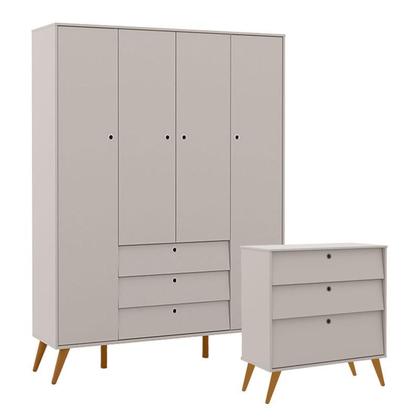 Imagem de Guarda Roupa 4 Portas e Cômoda Gaveteiro Retro Gold Cinza Eco Wood  Matic 