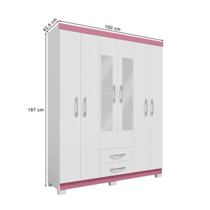 Imagem de Guarda Roupa 6 Portas 2 Gavetas Com Espelho Modena Branco Tx Flex Detalhe Rosa - Combo Stock