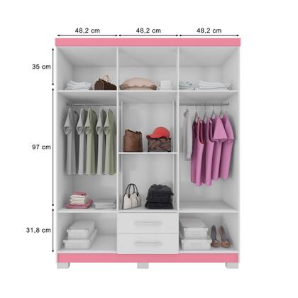 Imagem de Guarda Roupa 6 Portas 2 Gavetas Com Espelho Modena Branco Tx Flex Detalhe Rosa - Combo Stock