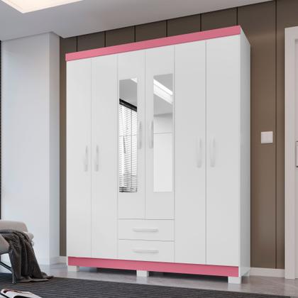 Imagem de Guarda Roupa 6 Portas 2 Gavetas Com Espelho Modena Branco Tx Flex Detalhe Rosa - Combo Stock