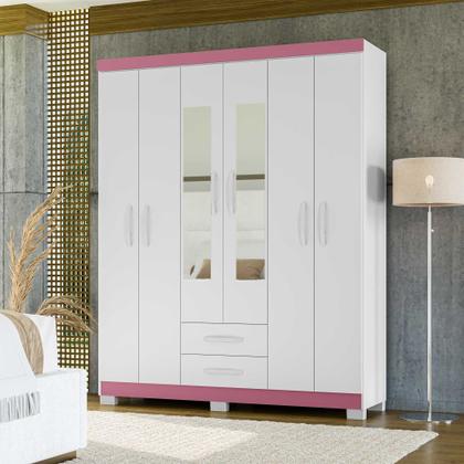 Imagem de Guarda Roupa 6 Portas 2 Gavetas Com Espelho Modena Branco Tx Flex Detalhe Rosa - Combo Stock