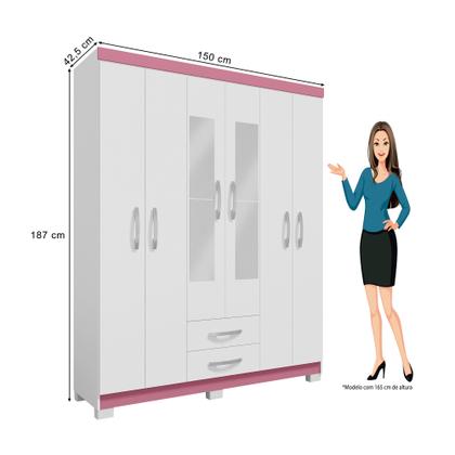 Imagem de Guarda Roupa 6 Portas 2 Gavetas Com Espelho Modena Branco Tx Flex Detalhe Rosa - Combo Stock