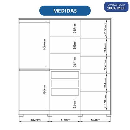 Imagem de Guarda-roupa 6 Portas 3 Gavetas com Espelho Safira 100% MDF