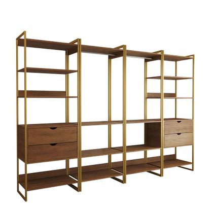Imagem de Guarda Roupa Aberto Industrial Casal Modulado Completo Amêndoa Cabideiro com Gavetas Base Dourada