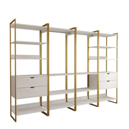 Imagem de Guarda Roupa Aberto Industrial Casal Modulado Completo Branco Cabideiro com Gavetas Base Dourada