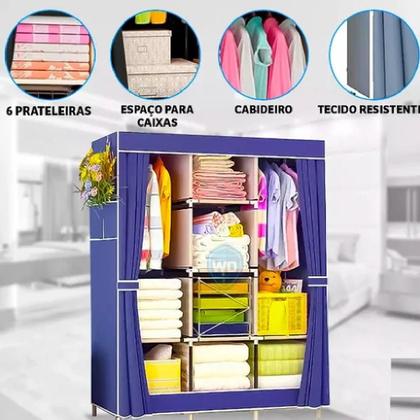 Imagem de Guarda Roupa Armário Portátil Prateleiras Organizador Brinquedos Arara Cabideiro Sapatos Azul