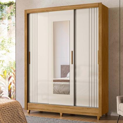 Imagem de Guarda Roupa Bolivia 3 Portas de Correr Freijo com Off White Fosco com Espelho - Moval