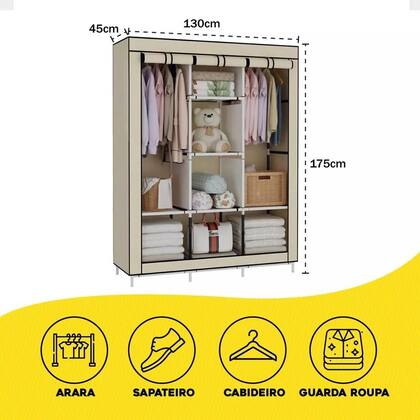 Imagem de Guarda Roupa Cabideiro Portatil Prateleiras Dobravel Armario Arara Grande Organizador Camping
