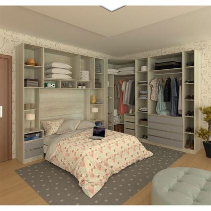 Imagem de Guarda Roupa Canto Casal 11 Portas e 11 Gavetas Legno Crema com Cinza Puro Prime Luciane Móveis