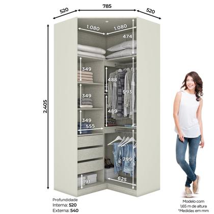 Imagem de Guarda Roupa Canto Closet Modulado 2 Portas e 3 Gavetas com Espelho e Led