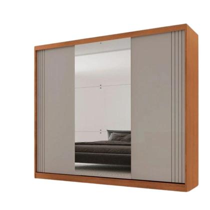 Imagem de Guarda-Roupa Casal 100% MDF 3 Portas de Correr 4 Gavetas 6 Prateleiras c/ Espelho Chile Offwhite/Mar