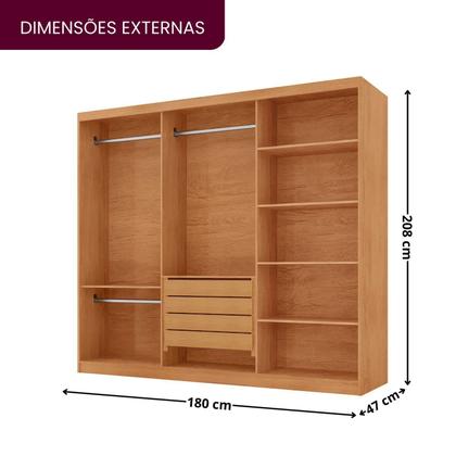 Imagem de Guarda-roupa Casal 100% Mdf 3 Portas de Correr 4 Gavetas 6 Prateleiras com Espelho Chile