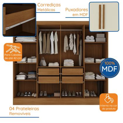 Imagem de Guarda-Roupa Casal 100% MDF com Espelho 8 Portas 4 Gavetas Jatobá Yescasa Cinamomo/Off White