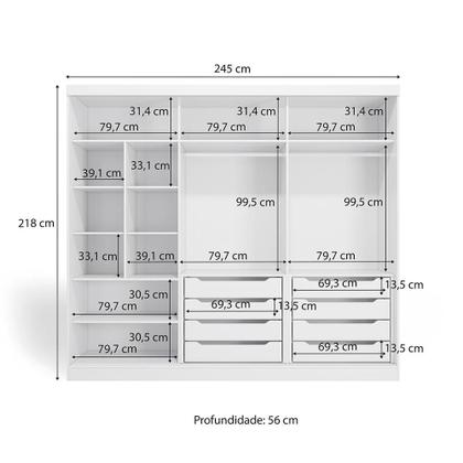 Imagem de Guarda-Roupa Casal 100% MDF Kappesberg 3 Portas de Correr 8 Gavetas Branco