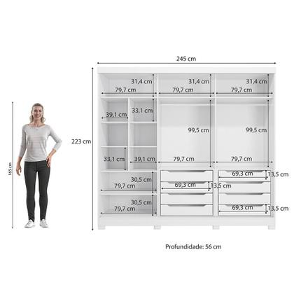 Imagem de Guarda-Roupa Casal 100% MDF Kappesberg 3 Portas de Correr com Espelhos 8 Gavetas Branco