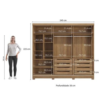 Imagem de Guarda-Roupa Casal 100% MDF Kappesberg c/Pés e 6 Espelhos 3 Portas de Correr 8 Gavetas Nogueira
