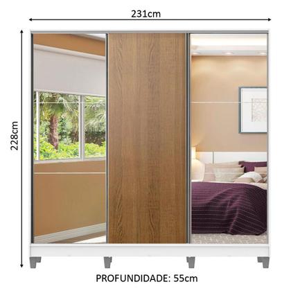 Imagem de Guarda Roupa Casal 100% MDF Madesa Royale 3 Portas de Correr com Espelho com Pés - Branco/Rustic