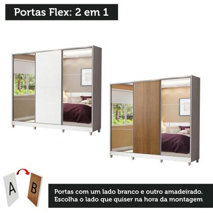 Imagem de Guarda Roupa Casal 100% MDF Madesa Royale 3 Portas de Correr com Espelho com Pés - Branco/Rustic