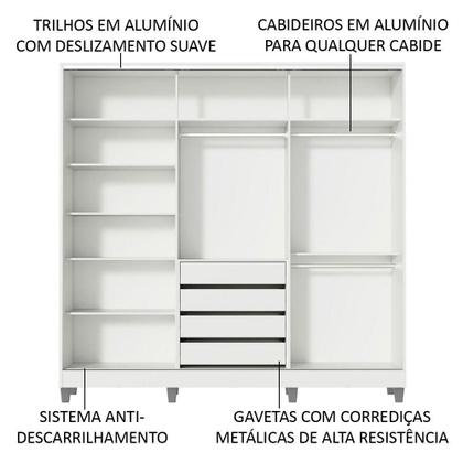 Imagem de Guarda Roupa Casal 100% MDF Madesa Royale 3 Portas de Correr com Espelho com Pés - Branco