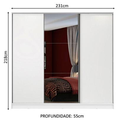 Imagem de Guarda Roupa Casal 100% MDF Madesa Zurique 3 Portas de Correr com Espelho - Branco