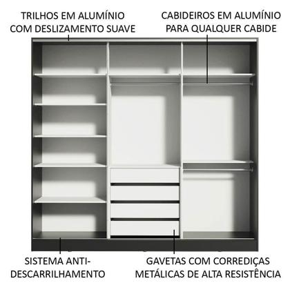 Imagem de Guarda Roupa Casal 100% MDF Madesa Zurique 3 Portas de Correr com Espelho - Preto