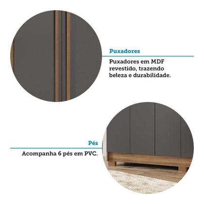 Imagem de Guarda-roupa Casal 194,4cm 6 Portas 2 Gavetas Com Espelho Horácio Estilo Mm Jatoba/grafitte