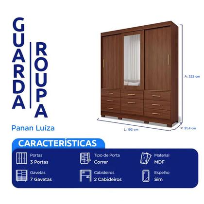 Imagem de Guarda-Roupa Casal 3 Portas Correr 7 Gavetas Luíza Panan Roupeiro