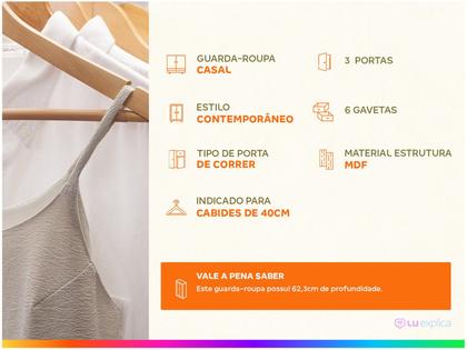 Imagem de Guarda-Roupa Casal 3 Portas de Correr 6 Gavetas com Espelho MDF 270,5cm Spazio Yescasa Branco