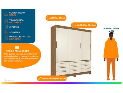 Imagem de Guarda-Roupa Casal 3 Portas de Correr 9 Gavetas 194,40cm Morretes Santos Andirá
