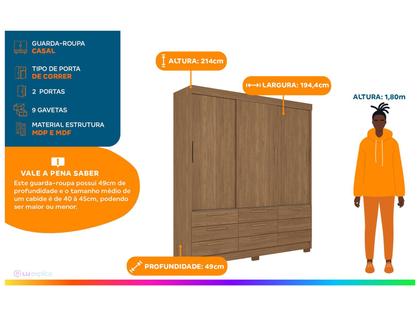 Imagem de Guarda-Roupa Casal 3 Portas de Correr 9 Gavetas 194,40cm Morretes Santos Andirá