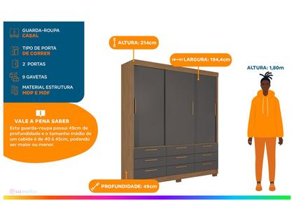 Imagem de Guarda-Roupa Casal 3 Portas de Correr 9 Gavetas 194,40cm Morretes Santos Andirá