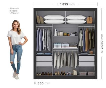 Imagem de Guarda Roupa Casal 3 Portas de correr com 6 Pés Cor Preto Com Espelho - Maxel Móveis