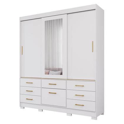Imagem de Guarda-Roupa Casal 3 Portas de Correr Espelho 7 Gavetas 1 Sapateira e 8 Pés 192cm 100% MDF Luiza Branco