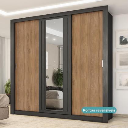 Imagem de Guarda Roupa Casal 3 Portas Doha Lux 4 Gavetas Carraro Ripado Preto Touch