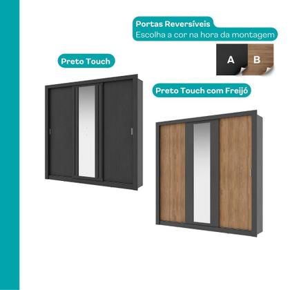 Imagem de Guarda Roupa Casal 3 Portas Doha Lux 4 Gavetas Carraro Ripado Preto Touch