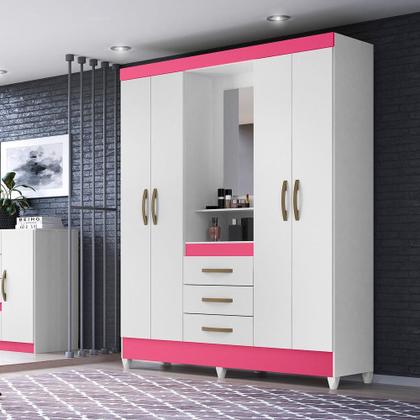 Imagem de Guarda Roupa Casal 4 portas com espelho 3 gavetas Branco / Rosa Capri - Moval Branco