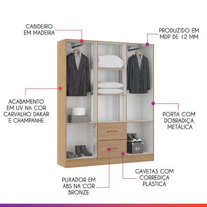 Imagem de Guarda-Roupa Casal 6 Portas 2 Gavetas com Cabideiro Carvalho