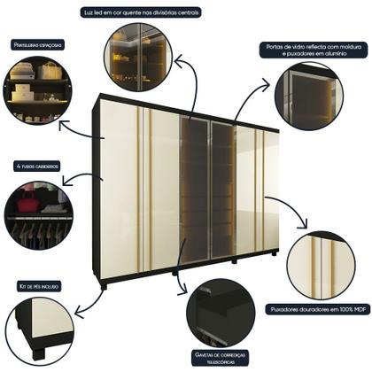 Imagem de Guarda Roupa Casal 6 Portas 4 Gavetas com Vidro Reflecta e Led Absolut Gelius