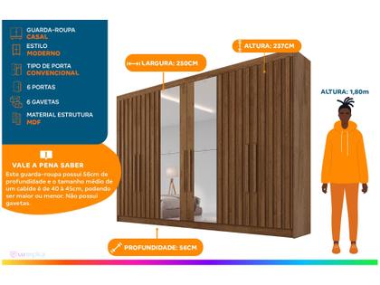 Imagem de Guarda Roupa Casal 6 Portas c 4 Ripadas e 6 Gavetas c 2 Espelhos Potente Braúna Europa MÓVEIS EUROPA