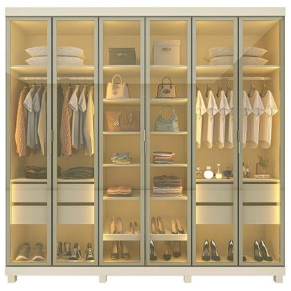 Imagem de Guarda-Roupa Casal 6 Portas, com 6 Portas Reflecta com Pés com LED Imperatriz 100% MDF Yescasa Off White