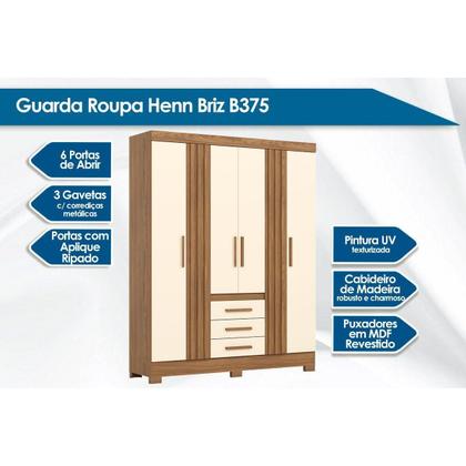 Guarda Roupa Casal 6 Portas e 3 Gavetas c/ Pés Briz B375 Nature