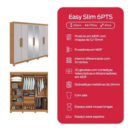 Imagem de Guarda Roupa Casal 6 Portas Easy Slim com Espelho e Pés Amendoa/Off White